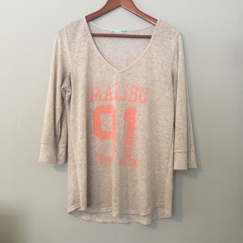 Maurices Gray V-Neck Sweater with Pink Print